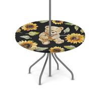 Myfsucce Tovaglia impermeabile per esterni, con foro per ombrello, cerniera, orsacchiotti, girasoli, nera, elasticizzata, con foro per ombrellone, adatta per tavolo rotondo da patio, 91,4-111,8 cm