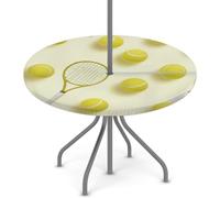Myfsucce Tovaglia impermeabile per esterni, con foro per ombrello, cerniera, palline da tennis e racchette, tovaglia da giardino elasticizzata con foro per ombrellone, adatta per tavolo rotondo da