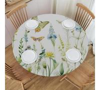 Myfsucce Tovaglia rotonda elastica impermeabile e antimacchia con fiori e foglie e farfalle, adatta per tavoli da 101,6-111,8 cm, lavabile in lavatrice