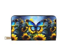 MYGANN Portafoglio lungo unisex in pelle microfibra con farfalla blu girasole con cerniera in metallo per ufficio viaggi appuntamenti regali, bianco, Taglia unica