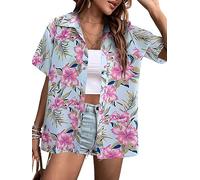 MYHALF Camicie hawaiane per Le Donne: Top con Stampa Floreale Camicia con Bottoni Tropicali a Maniche Corte con Scollo a V, Blu-Floreale, XL