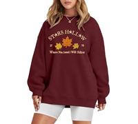 MYHALF Felpa a maniche lunghe da donna con stampa a foglie e stelle, per autunno e vacanze, girocollo, con spalle cadenti, Rosso, Large