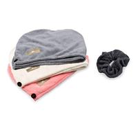 myHomeBody Asciugamani per capelli, Turbante di lusso anti-crespo ad asciugatura rapida, Fibra di carbone assorbente ultra morbida e ad asciugatura rapida - Confezione da 2 - Light Grey, Pink, White