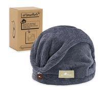 myHomeBody - Asciugamano per capelli con turbante anti-crespo, ad asciugatura rapida, ultra morbido e ad asciugatura rapida, in fibra di bambù assorbente, con pulsante di cocco - Midnight Blue
