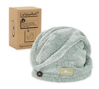 myHomeBody - Asciugamano per capelli con turbante anti-crespo, ad asciugatura rapida, ultra morbido e ad asciugatura rapida, in fibra di bambù assorbente, con pulsante di cocco - Pine Green