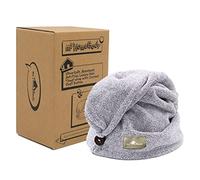 myHomeBody Asciugamano per Capelli, Turbante asciugacapelli di Lusso Anti-Crespo ad Asciugatura Rapida, con Bottone in Guscio di Cocco - Grigio