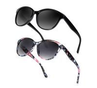 Myiaur Occhiali da sole polarizzati da donna, occhiali da sole alla moda Cat Eye, protezione UV400, stile classico, retrò, confezione da 2, A01 (confezione da 2) nero/grigio+floreale/grigio