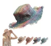 MYIHUIHUI Cappello a Secchiello Patchwork sfilacciato con Tesa modellabile, Cappello di Canapa Multicolore a Funghi Unico nel Suo Genere, Cappello da Sole Boho Unisex for Uomo Donna(D)