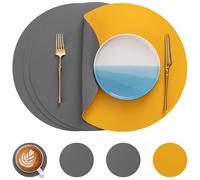 Myir JUN Tovagliette in Pelle e Sottobicchieri, Set di 4 Tovagliette Rotonde e sottobicchieri 38cm Rotonde Tovagliette Americane Bifacciale Non-scivolose Impermeabile (Grigio & Giallo, Set di 4)