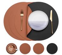 Myir JUN Tovagliette in Pelle e Sottobicchieri, Set di 4 Tovagliette Rotonde e sottobicchieri 38cm Rotonde Tovagliette Americane Bifacciale Non-scivolose Impermeabile (Nero & Marrone,Set di 4)