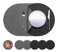 Myir JUN Tovagliette in Pelle e Sottobicchieri, Set di 6 Tovagliette Rotonde e sottobicchieri 38cm Rotonde Tovagliette Americane Bifacciale Non-scivolose Impermeabile (Grigio & Nero, Set di 6)