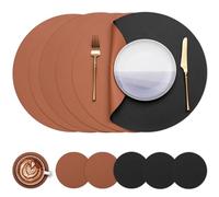 Myir JUN Tovagliette in Pelle e Sottobicchieri, Set di 6 Tovagliette Rotonde e sottobicchieri 38cm Rotonde Tovagliette Americane Bifacciale Non-scivolose Impermeabile (Nero & Marrone, Set di 6)