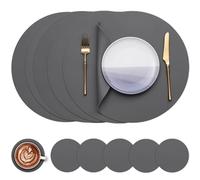 Myir JUN Tovagliette in Pelle e Sottobicchieri, Set di 6 Tovagliette Rotonde e sottobicchieri 38cm Rotonde Tovagliette Americane Bifacciale Non-scivolose Impermeabile (Grigio 01, Set di 6)