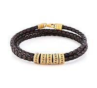 MYKA - Bracciale Uomo in Vera Pelle Intrecciata con Perline Personalizzate Incise con Nomi, in Argento 925, Regalo da Uomo, Festa del Papà (Marrone - Argento 925 Placcato Oro 18K)