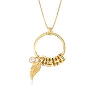 MYKA Collana Linda Personalizzabile - Collana con perline a forma di cerchio con incisione e charm a forma di foglia e pietra portafortuna, in Oro Vermeil