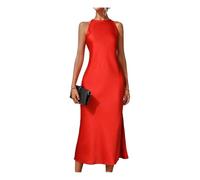MYLLJBD Abiti Abito Lungo da Donna, Elegante Vestito Sexy per Ospite di Seta Drappeggiata Il Collo Tondo -Rosso-s