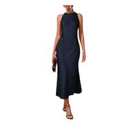 MYLLJBD Abiti Abito Lungo da Donna, Elegante Vestito Sexy per Ospite di Seta Drappeggiata Il Collo Tondo -Blu-m