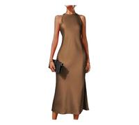 MYLLJBD Abiti Abito Lungo da Donna, Elegante Vestito Sexy per Ospite di Seta Drappeggiata Il Collo Tondo -Marrone-l