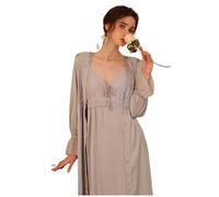 MYLLJBD Camicia Notte Donna Nightdress A Due Pezzi Set Sottile in Pizzo di Alta Qualità per Pigiama da Notte Femmina Autunno A Maniche Lunghe-Blu-S