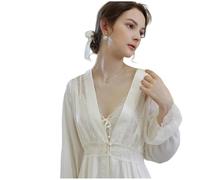 MYLLJBD Camicia Notte Donna Nightdress A Due Pezzi Set Sottile in Pizzo di Alta Qualità per Pigiama da Notte Femmina Autunno A Maniche Lunghe-Bianco-S