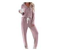 MYLLJBD Pigiami Pigiama del Bottone al Risvolto Femminile, Set di Abbigliamento da Casa Spazzolato-Rosa-XS