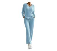 MYLLJBD Pigiami Top-Sciolta A V, Pantaloni Dritti Casual, Abito Due Pezzi, Abiti da Casa-Azzurro-XXL