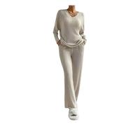 MYLLJBD Pigiami Top-Sciolta A V, Pantaloni Dritti Casual, Abito Due Pezzi, Abiti da Casa-Bianco-XL