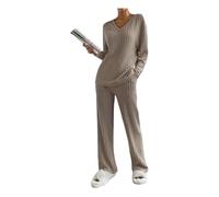 MYLLJBD Pigiami Top-Sciolta A V, Pantaloni Dritti Casual, Abito Due Pezzi, Abiti da Casa-Cachi-XL