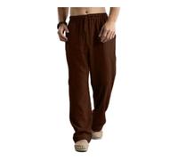 MYMdt Pantaloni da Uomo Estivi Casual Spiaggia Pantaloni con Tasche e Coulisse Leggeri e Traspiranti Pantaloni Larghi in Cotone e Lino Pantaloni a Gamba Dritta Elastico Pants(Dark brown,XXL)