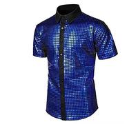 Mymyguoe Camicia da uomo con paillettes metallizzate, a maniche corte, in metallo lucido, colore oro, 70E, per feste da discoteca, costume hippie Carnevale, camicia con glitter anni '70 anni '80, Blu