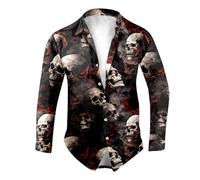 Mymyguoe Camicia da uomo per Halloween, a maniche lunghe, con stampa a teschio, per feste, collo largo, da spiaggia, per il tempo libero, con stampa, rosso mattone, 3XL