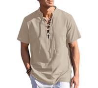 Mymyguoe Camicia medievale da uomo in lino, stile retrò, con lacci, maglietta funzionale, leggera, in cotone, lino, pirati, vichinghi, 01 kaki., S