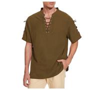 Mymyguoe Camicia medievale da uomo in lino, stile retrò, con lacci, maglietta funzionale, leggera, in cotone, lino, pirati, vichinghi, marrone, M
