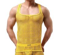 Mymyguoe Canottiera da uomo, senza maniche, trasparente, con scollo rotondo, a rete, giallo., L