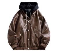 Mymyguoe Giacca in pelle da uomo falsa, due pezzi, con cappuccio, giacca invernale 2 in 1, antivento, in similpelle, vintage, con cappuccio, da motociclista, caffè, 3XL