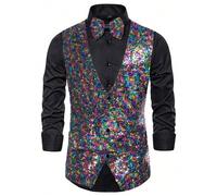 Mymyguoe Gilet con paillettes, da uomo, metallizzato, lucido, per feste, danza, discoteca, anni '70, per carnevale, carnevale, carnevale, con scollo a V, slim fit, multicolore, 3XL