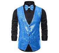 Mymyguoe Gilet con paillettes, da uomo, metallizzato, lucido, per feste, danza, discoteca, anni '70, per carnevale, carnevale, carnevale, con scollo a V, slim fit, Blu, S