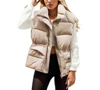 Mymyguoe Gilet trapuntato da donna, corto, elegante, senza maniche, invernale, caldo, per le mezze stagioni, leggero, colletto alto, cappotto invernale Puffy Coats, cachi, 3XL