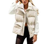 Mymyguoe Gilet trapuntato da donna, corto, elegante, senza maniche, invernale, caldo, per le mezze stagioni, leggero, colletto alto, cappotto invernale Puffy Coats, beige., L