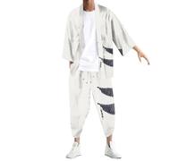 Mymyguoe Kimono Estivo 2 Pezzi Uomo Giapponese Tradizionale Casual Cardigan Giacca 2 Pezzi Con Stampa 3D Tuta Pantaloni Harajuku Loose Anime Abbigliamento Cosplay Cardigan Oversized, Q1 Bianco, 3XL