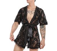 Mymyguoe Pigiama sexy da uomo, trasparente, 2 pezzi, estivo, in rete cava, 2 pezzi, a maniche lunghe e pantaloncini, set Funky Loungewear con scollo a V, leggero e comodo, 01 nero, M