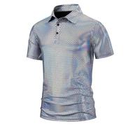 Mymyguoe Polo da uomo in lattice, colore nero, effetto pelle, a maniche corte, biancheria intima elasticizzata, per il tempo libero, Q1 argento, M