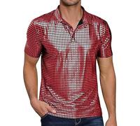Mymyguoe Polo lucida da uomo, slim fit, con paillettes luccicanti, hipster, night club, prom, maglietta a maniche corte, 70 pezzi, costume da rava, Colore: rosso, L