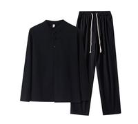 Mymyguoe Tuta da uomo in lino Kungfu Tang cinese a maniche lunghe T Pantaloni 2024 Casual Tai Chi Top Abito casual cinese vestito Qigong Wing Chun Shaolin Wushu Uniforme, Q1 nero, XXXXXL