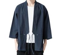 Mymyguoe Uomo Kimono Manica Lunga Giacca Stile Cinese Mantello Camicia Da Notte Accappatoio Pigiameria Uomo Cardigan - Tradizionale Giapponese Abbigliamento Haori Costume Taoista Robe, 01 blu navy,