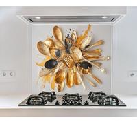 Myphotostation 20Wx14H'' Golden Chaos Posate Astratto Arte Backsplash Vetro Temperato Backsplash Backsplash Vetro Paraspruzzi per Stufa Protezione Parete Fornello, Tagliere, Pannello Murale Fornello