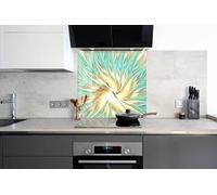 Myphotostation, paraschizzi astratto dorato decorativo in vetro temperato, 43 x 27 cm, verde, astratto, paraspruzzi per cucina, bagno, protezione da parete, pannello paraspruzzi, piastrelle, piano