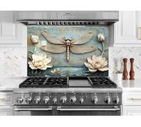 Myphotostation, paraschizzi in vetro temperato, 30 x 27,5 H "Whispers of Stillness Dragonfly Backsplash, paraspruzzi in vetro per cucina, protezione da parete per fornelli, tagliere, pannello da