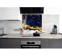 Myphotostation, paraschizzi in vetro temperato bianco e blu, 101 x 101 cm, paraspruzzi astratto per decorazione da parete per cucina, bagno, protezione da parete, stufa, pannello paraschizzi,