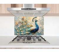 Myphotostation, paraschizzi in vetro temperato blu elegante, 30 x 27,5 H "Regal Peacock Grace", paraspruzzi in vetro per cucina, protezione da parete per fornelli, tagliere, pannello da parete per